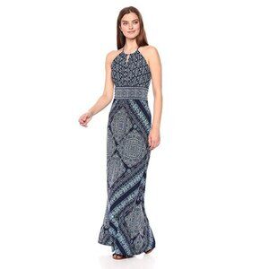 London Times Keyhole Halter Empire Waist Patterned Maxi Dress, Sz 6, Blue/White